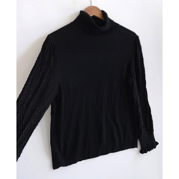 LOFT Black Turtleneck Knit Sweater Chiffon Textured Balloon Sleeve Ruffle Cuff L - Picture 2 of 4